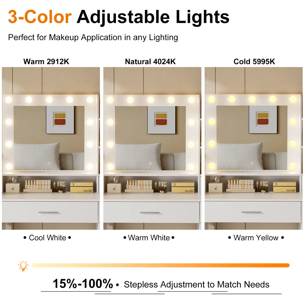 JHK Modern Vanity Desk With Led Light Mirror And Drawers