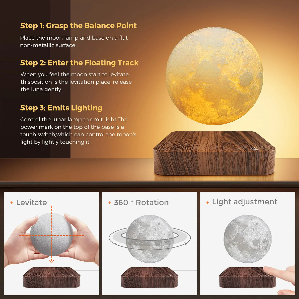 Mexllex Levitating Moon Magnetic Night Light 3D LED Lamp