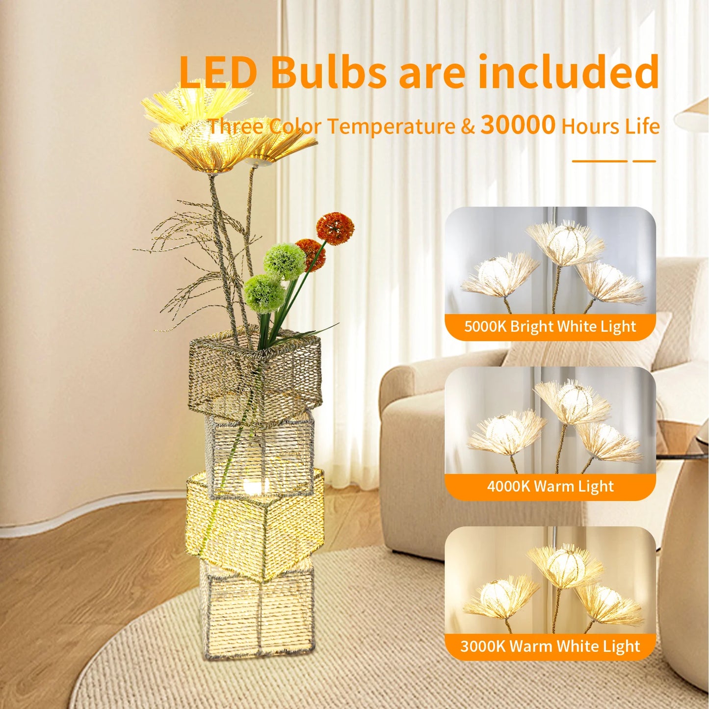 Modern Rattan Floor Lamp Dimmable LED Night Light Living Room