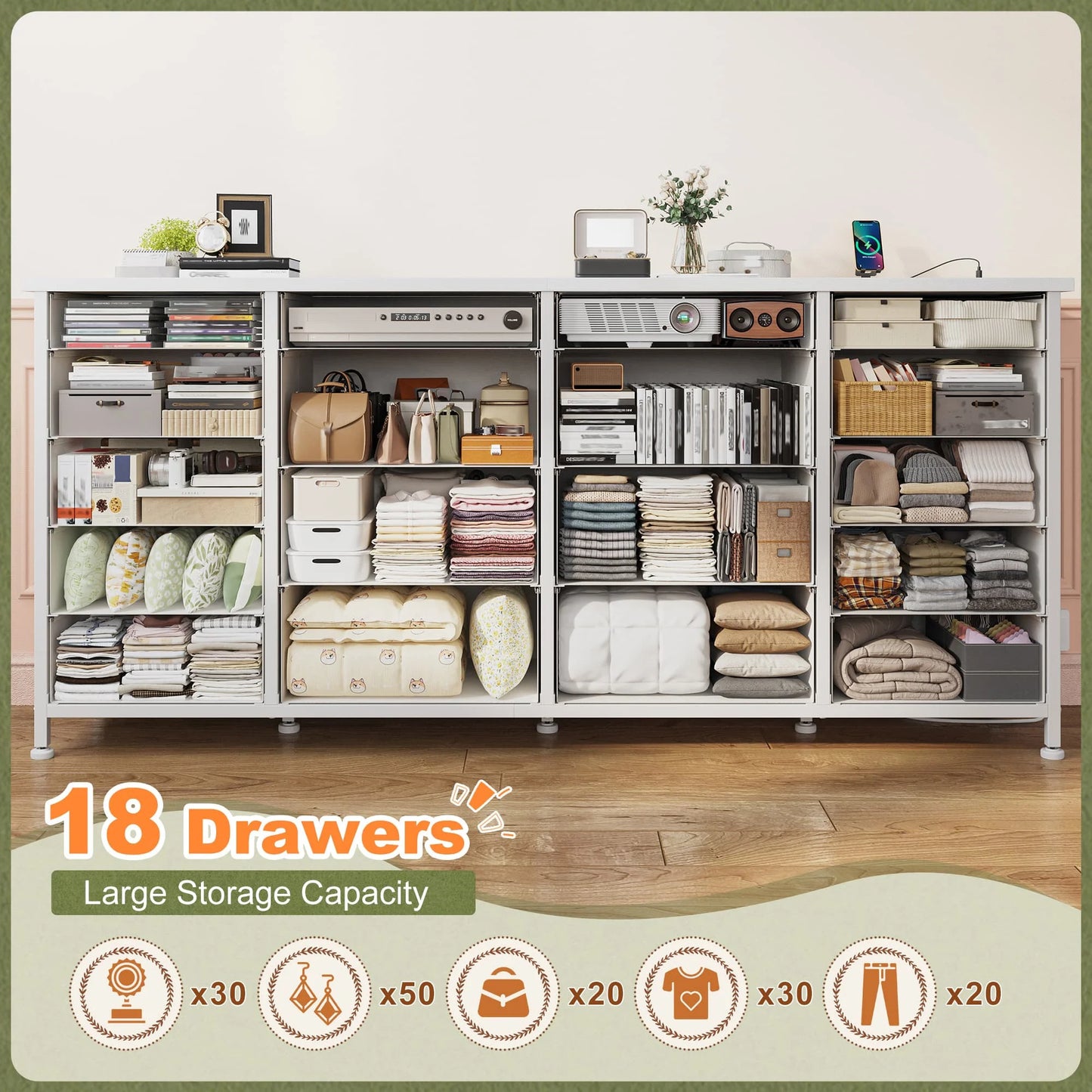 EnHomee 18-Drawer Fabric Dresser TV Stand With LED Lights