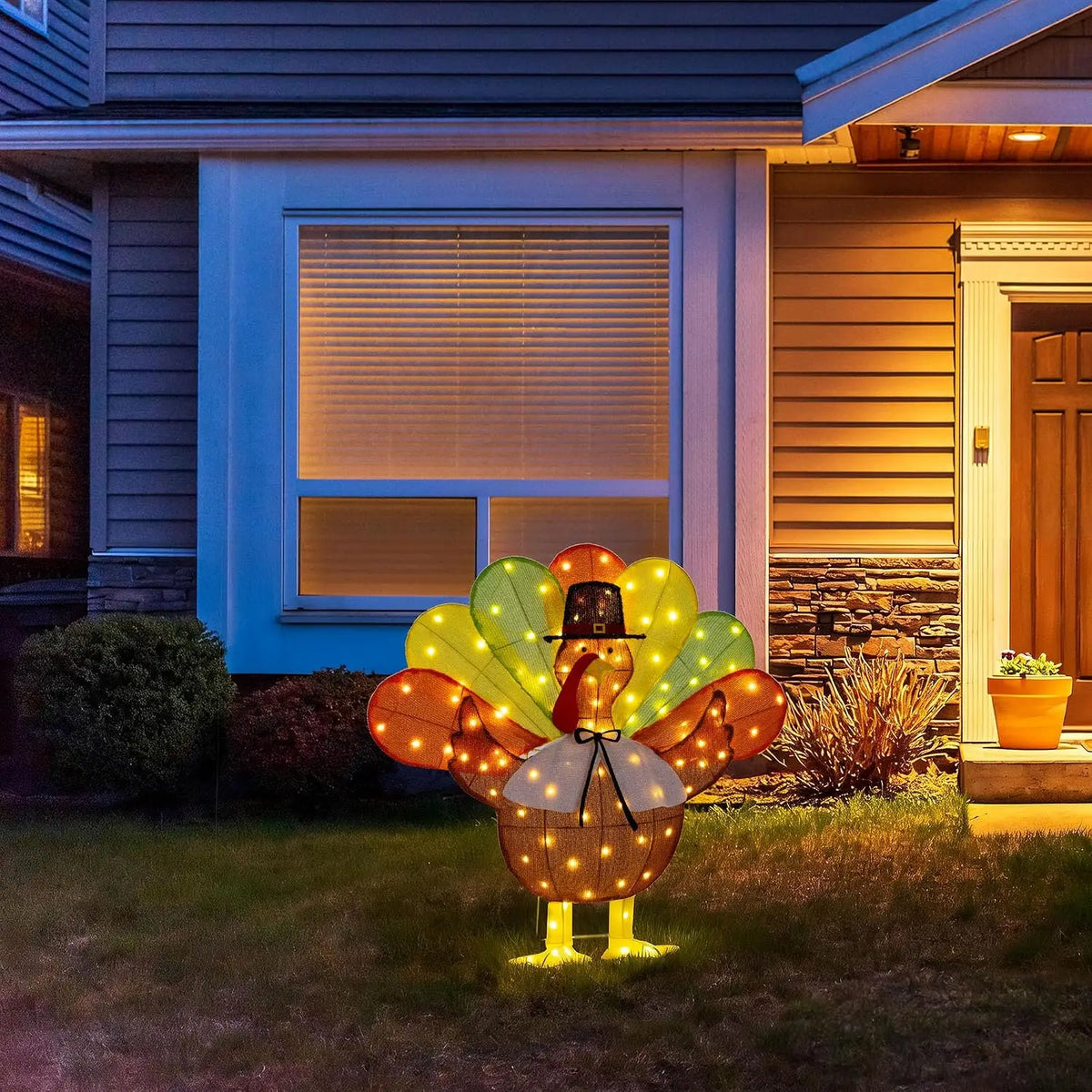 SHXI Lighted Thanksgiving Turkey Decoration With Pilgrim Hat Bow Tie