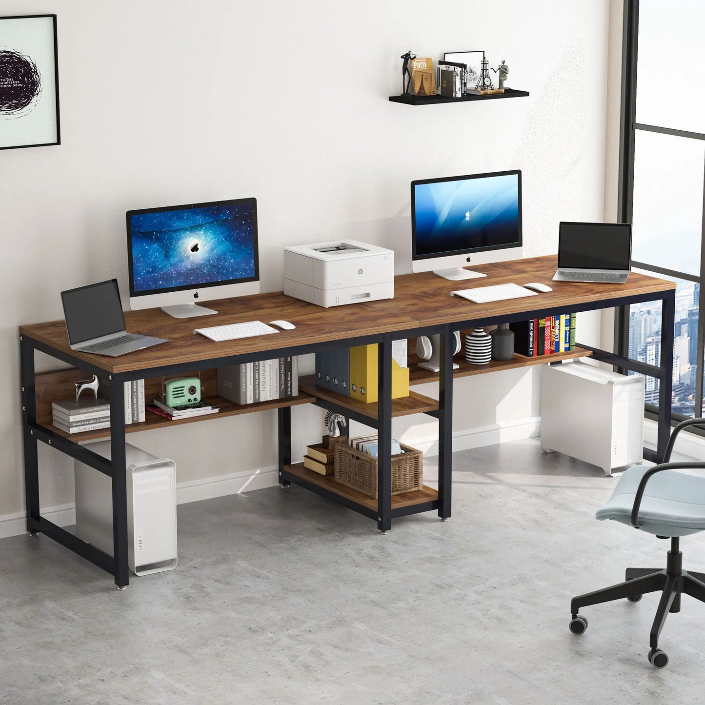 Tribesigns Two Person Desk With Bookshelf Rustic Office Computer Desk