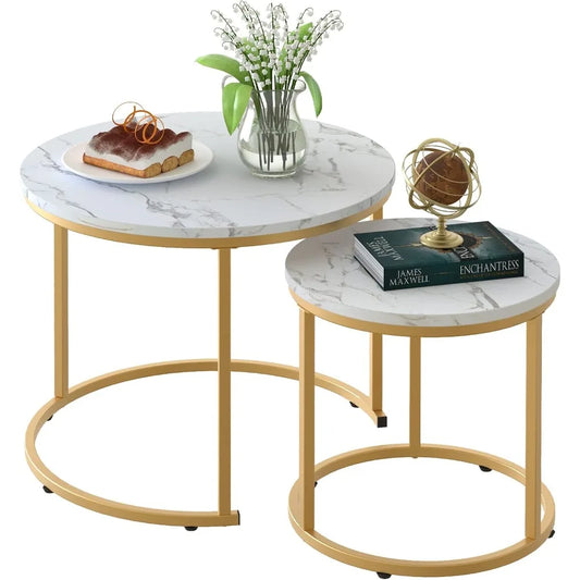 Xiuwo Nesting Coffee Tables Set White Marble Pattern Golden Frame