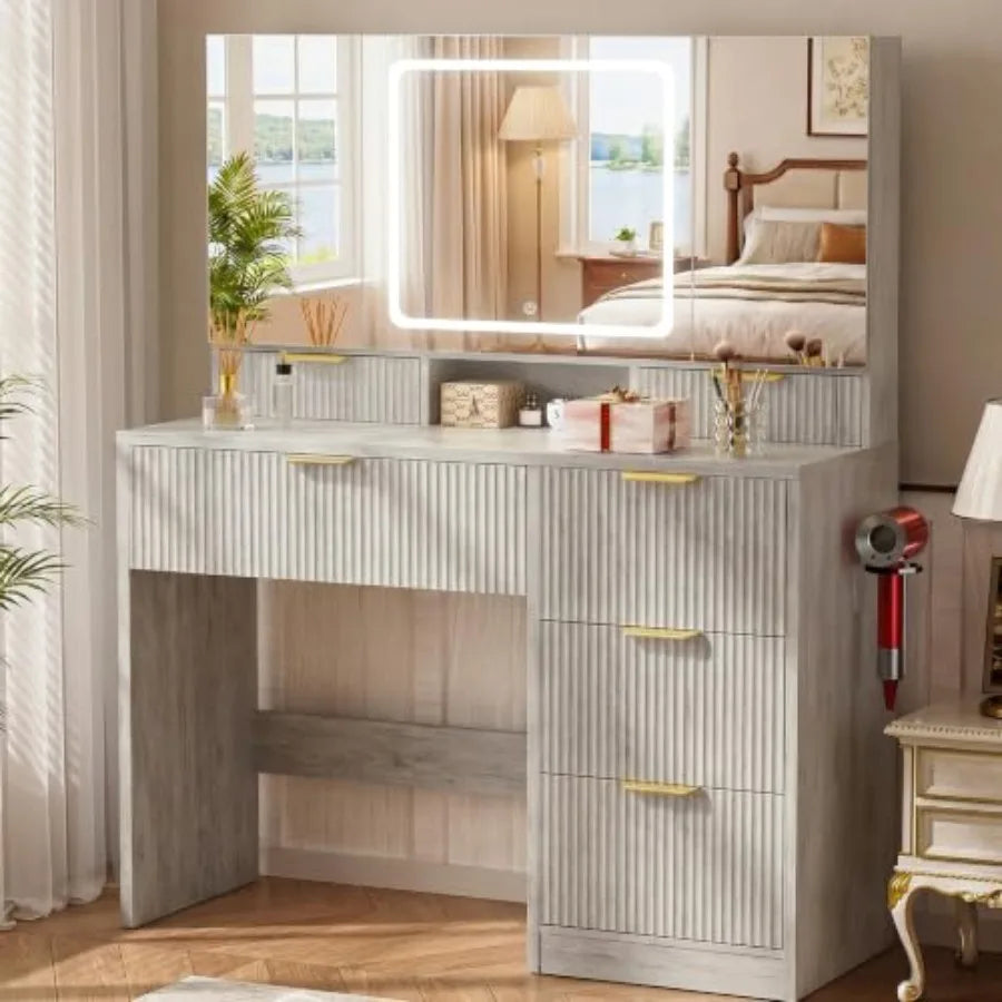 Vanity Desk With 3-Way Mirror And Lights 6 Drawers