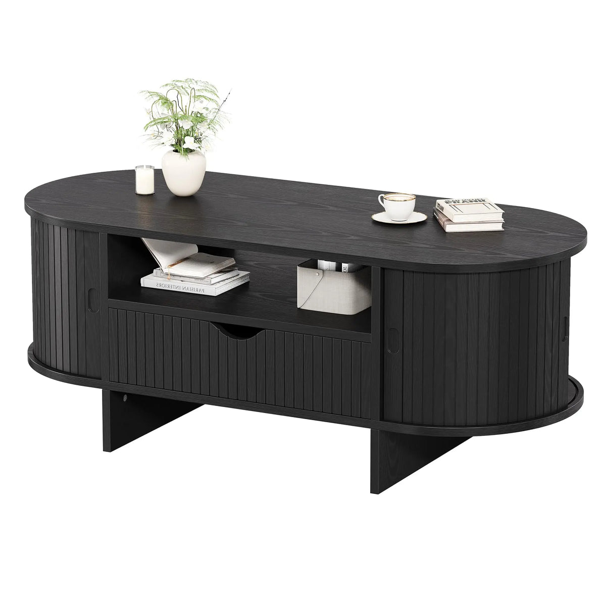 HiMISS Modern Fluted Oval Coffee Table With Storage Drawer And Cabinet