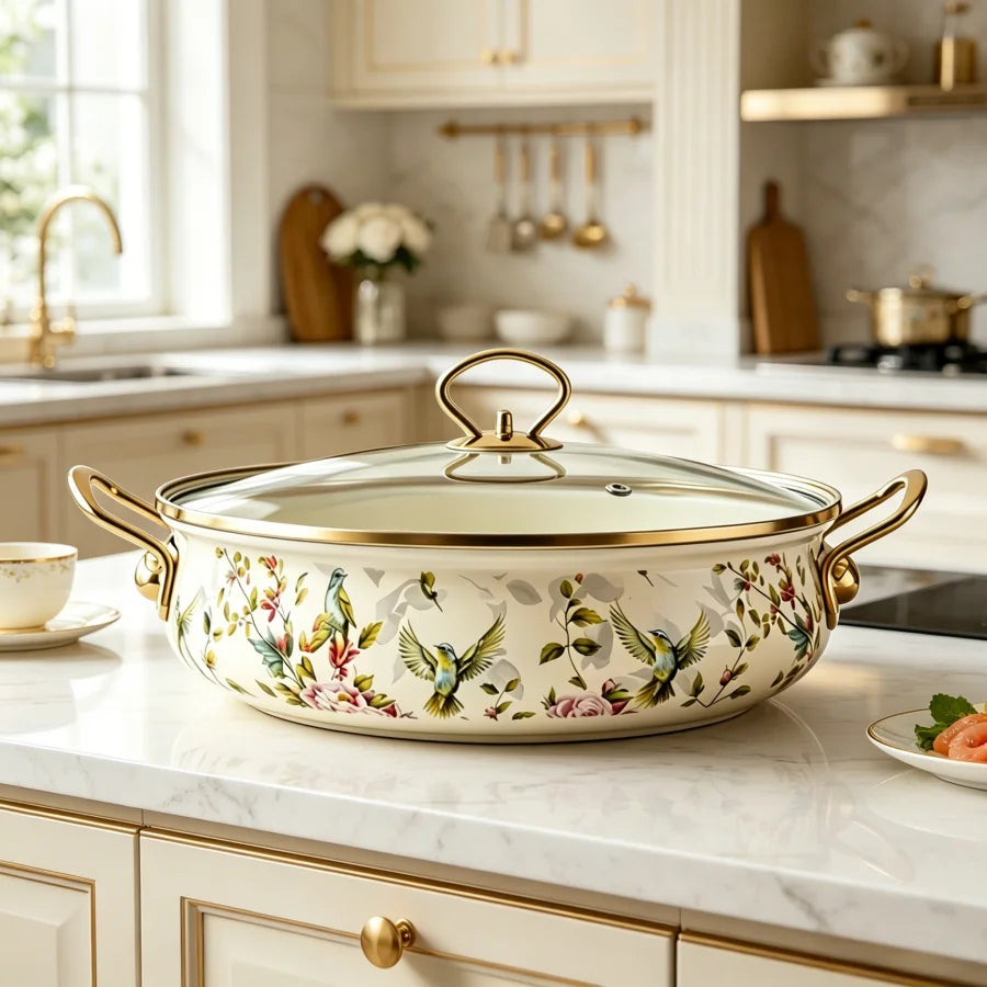 Vintage Bird Botanical Enamel Stock Pot With Glass Lid