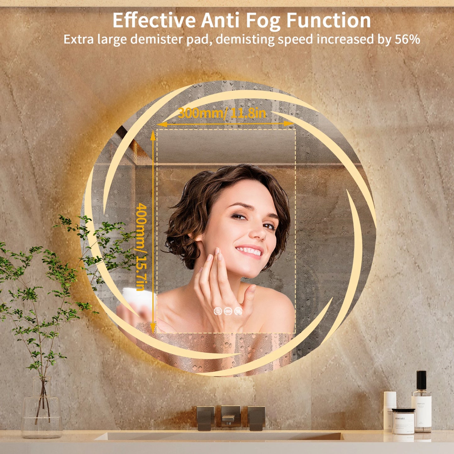LED Round Bathroom Mirror Backlit Anti-Fog Dimmable Three-Color Lights