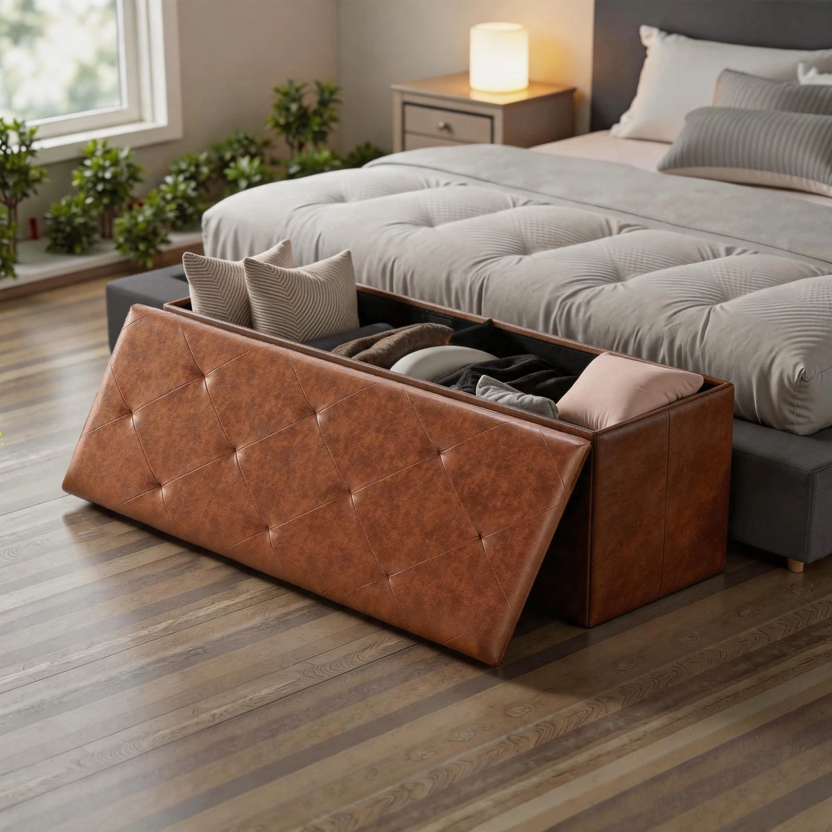 Sturdy Tufted Faux Leather Folding Storage Bench Ottoman