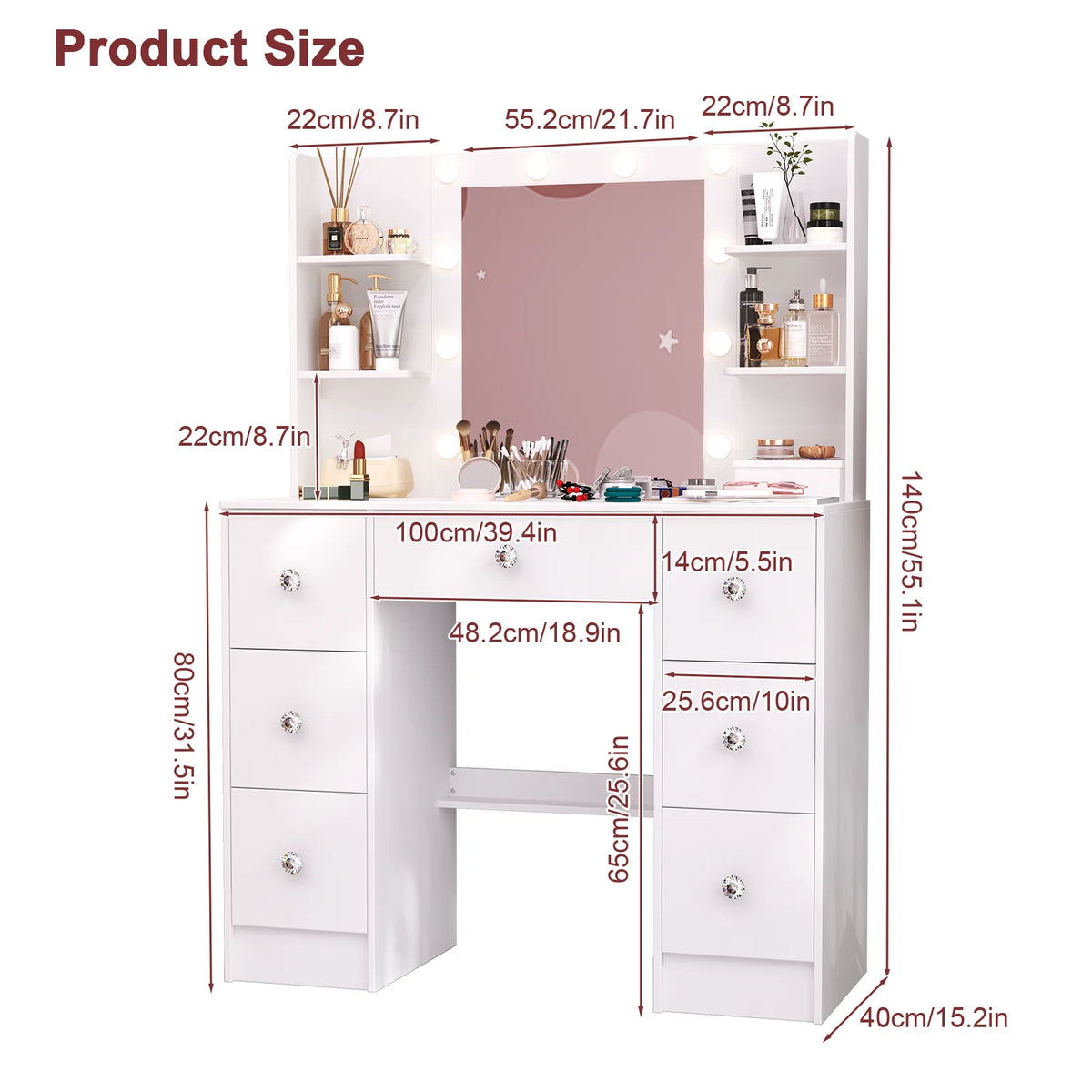 Onesaimei Adjustable Led Mirror Seven Drawer Vanity Desk Set
