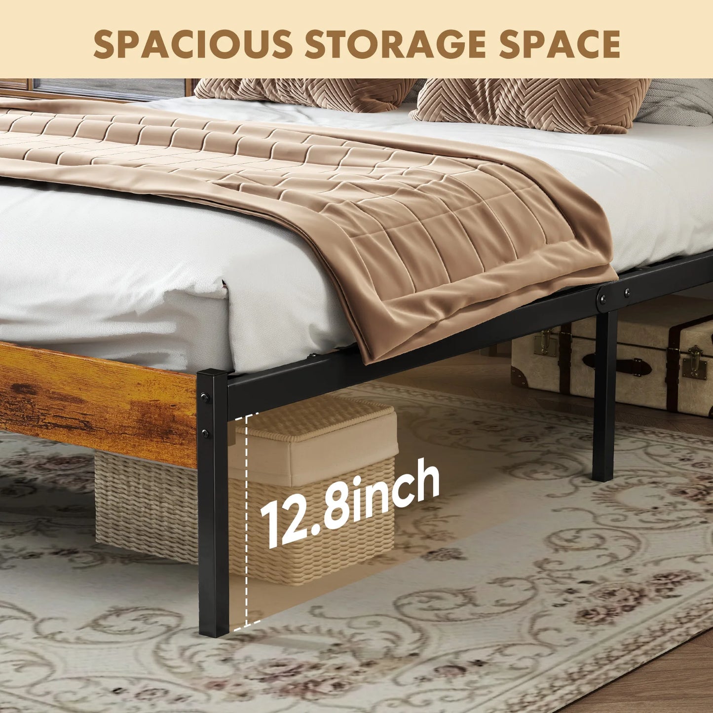 MCQ Wooden Headboard and Metal Platform Frame with Sturdy Slats