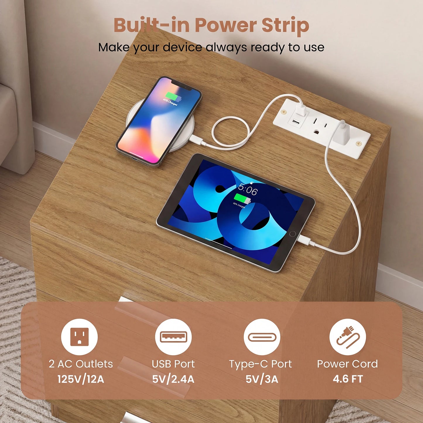 HOMASIS Nightstand with Charging Station and Three Drawers