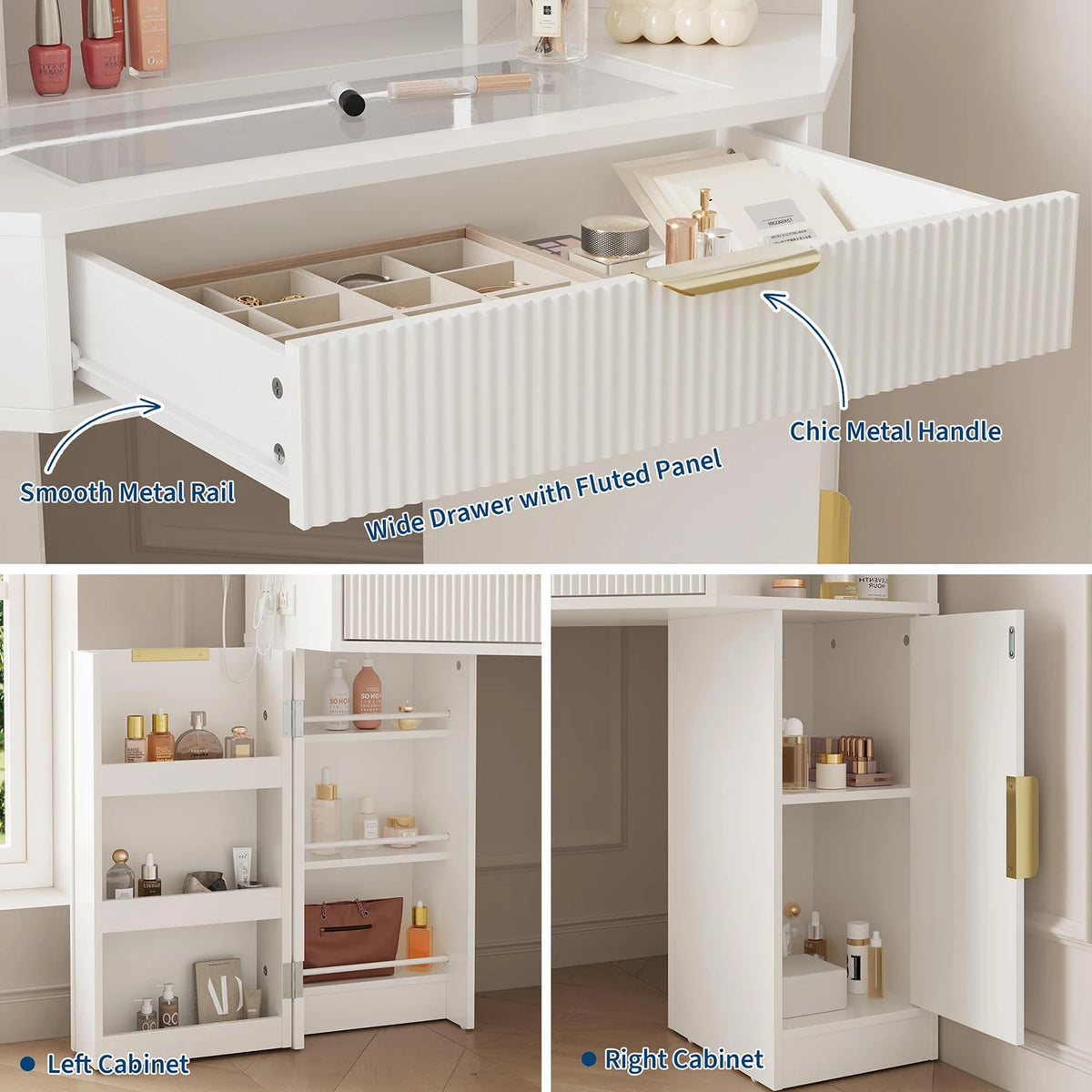 HiMISS Corner Vanity Desk With LED Mirror And Charging Station