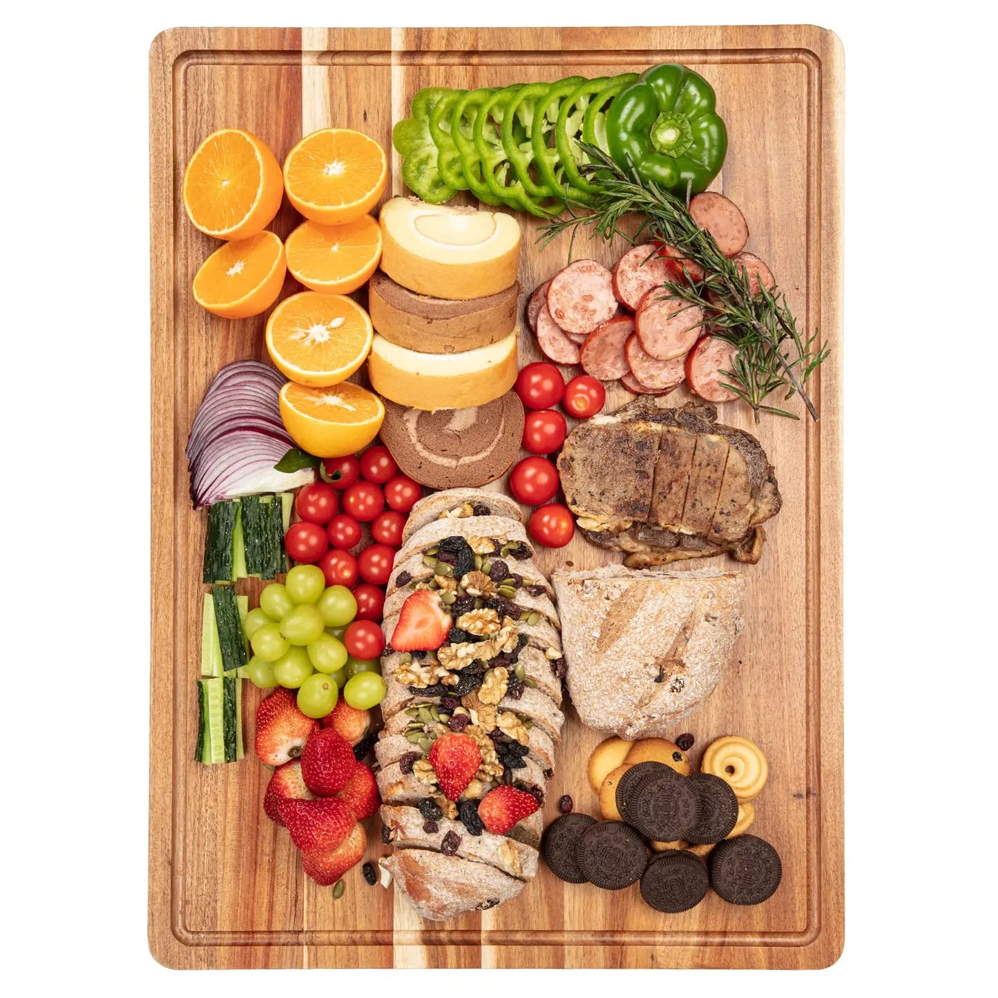 Acacia Wood Cutting Board With Handle And Juice Groove For Kitchen