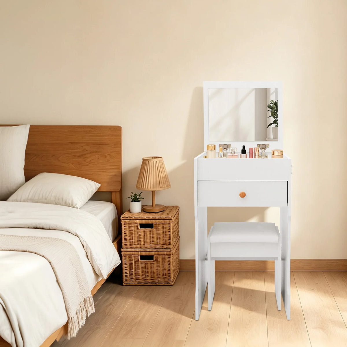 Bymaocar Compact Vanity Dressing Table With Mirror And Stool
