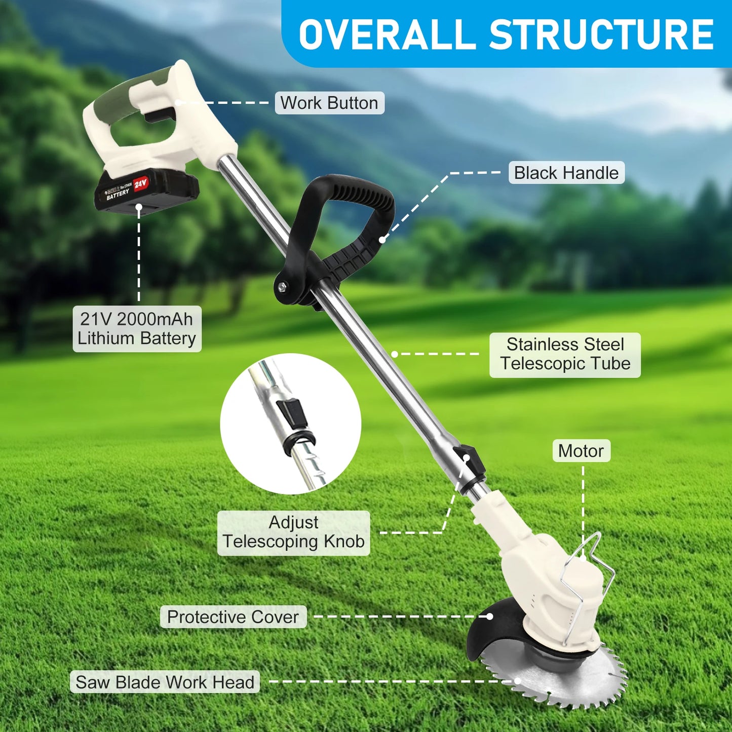 21V Cordless Grass Trimmer 3-In-1 With 2x2.0Ah Batteries Charger