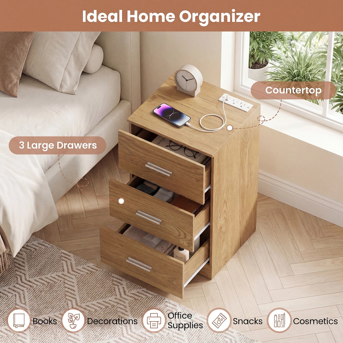 HOMASIS Nightstand with Charging Station and Three Drawers
