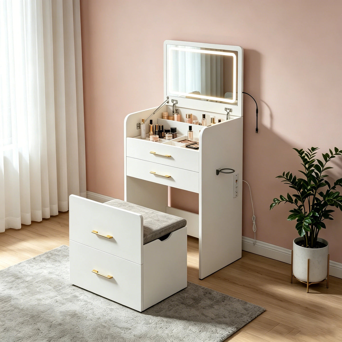 Wooden Vanity Desk LED Mirror Charging Station Flip Up Dressing Table