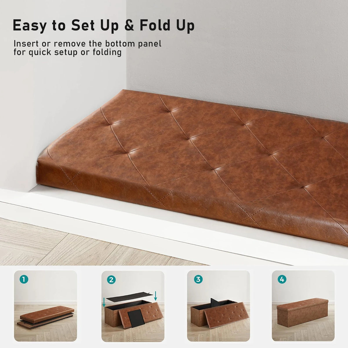 Sturdy Tufted Faux Leather Folding Storage Bench Ottoman