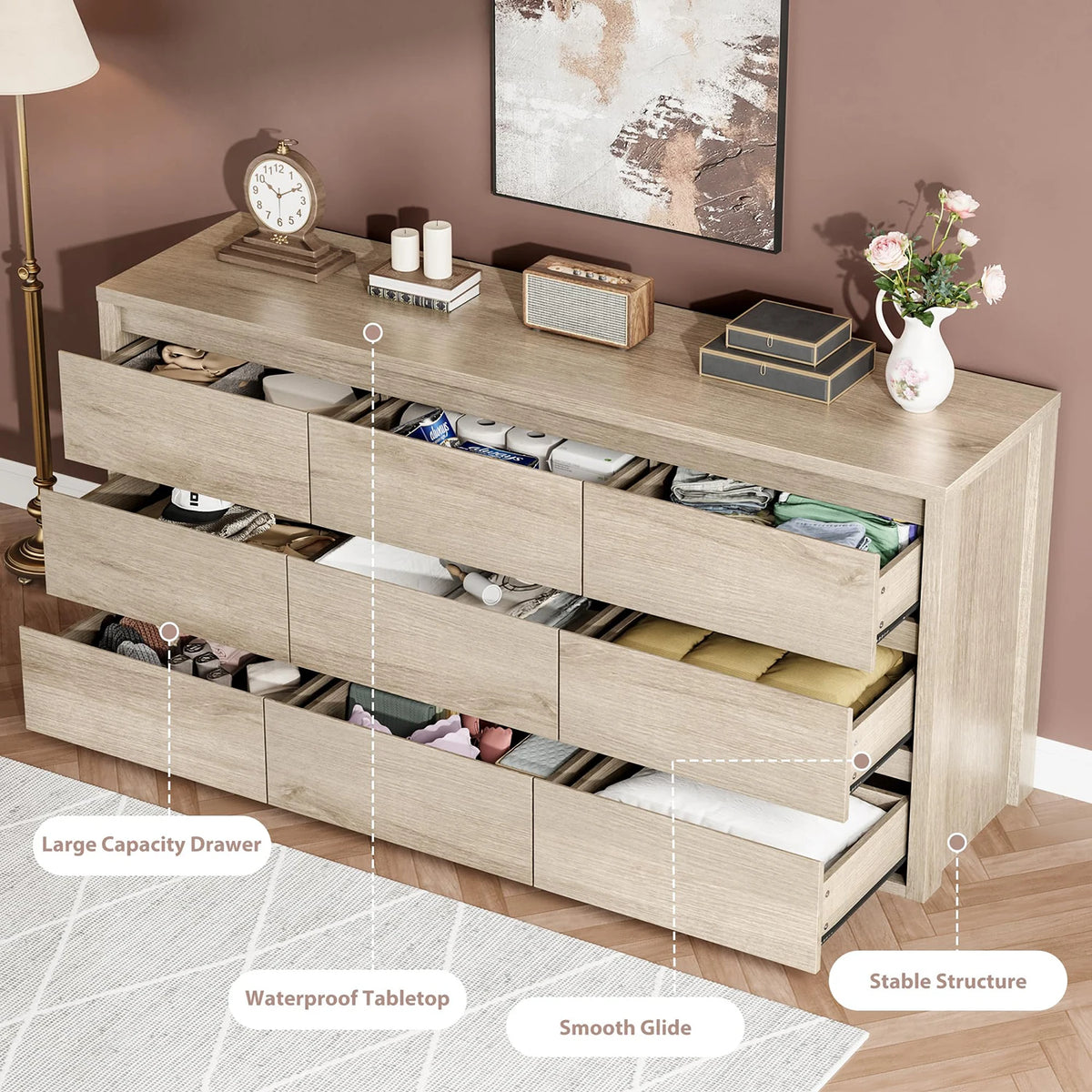Acekool Modern Wood Nine Drawer Bedroom Storage Dresser