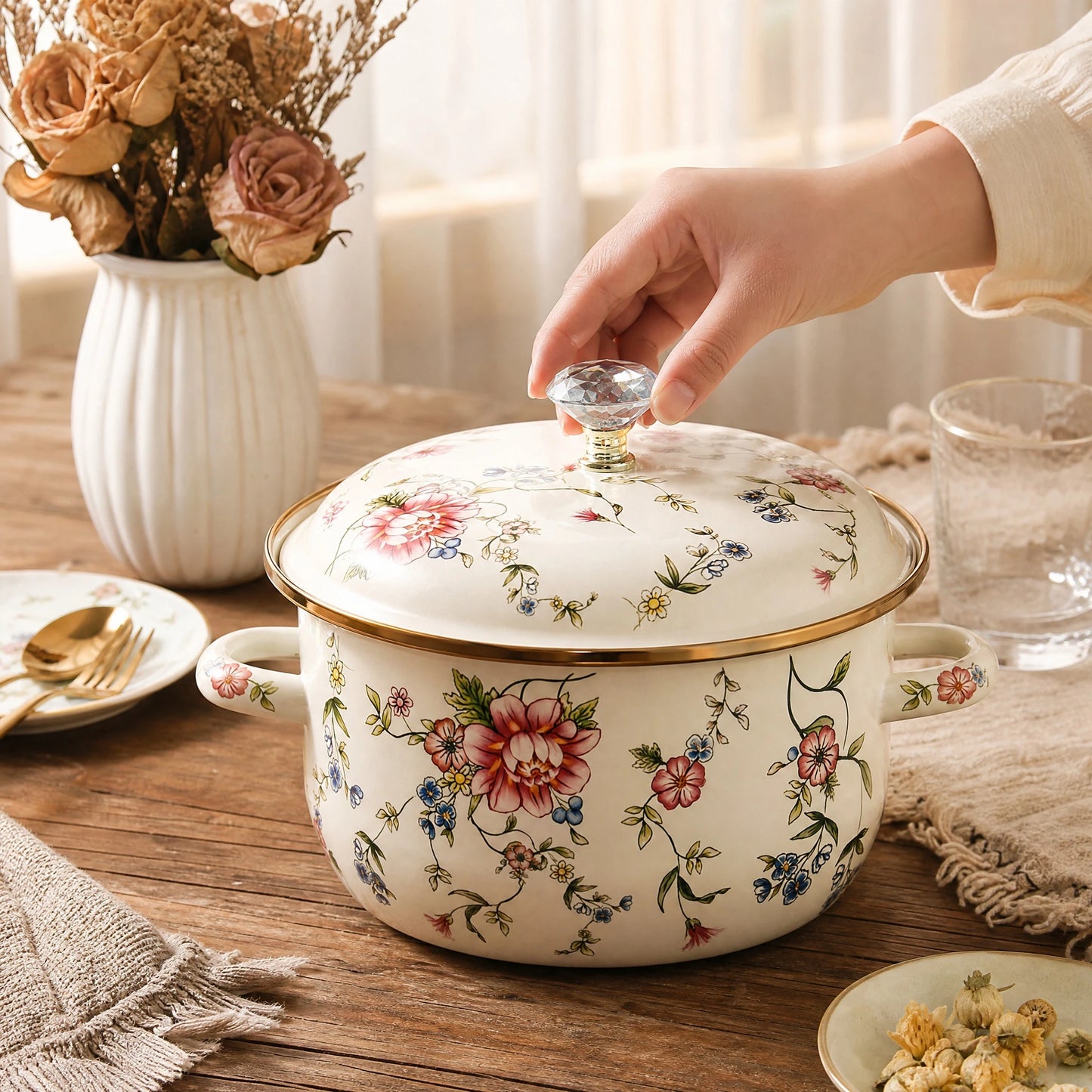 Enamel Pot With Lid For All Stovetops Vintage Style Saucepan