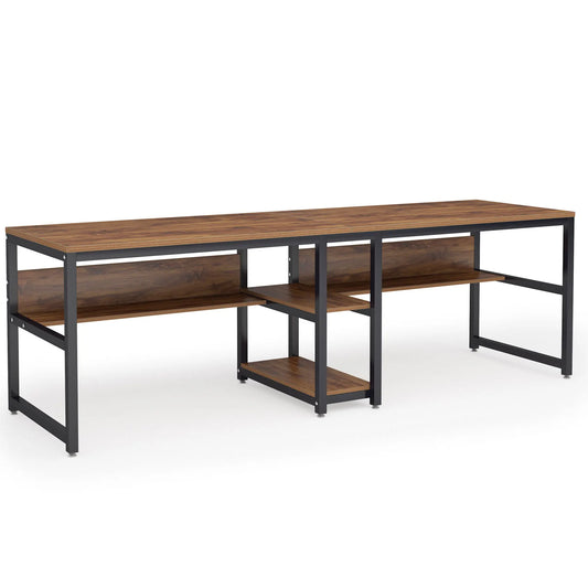 Tribesigns Two Person Desk With Bookshelf Rustic Office Computer Desk