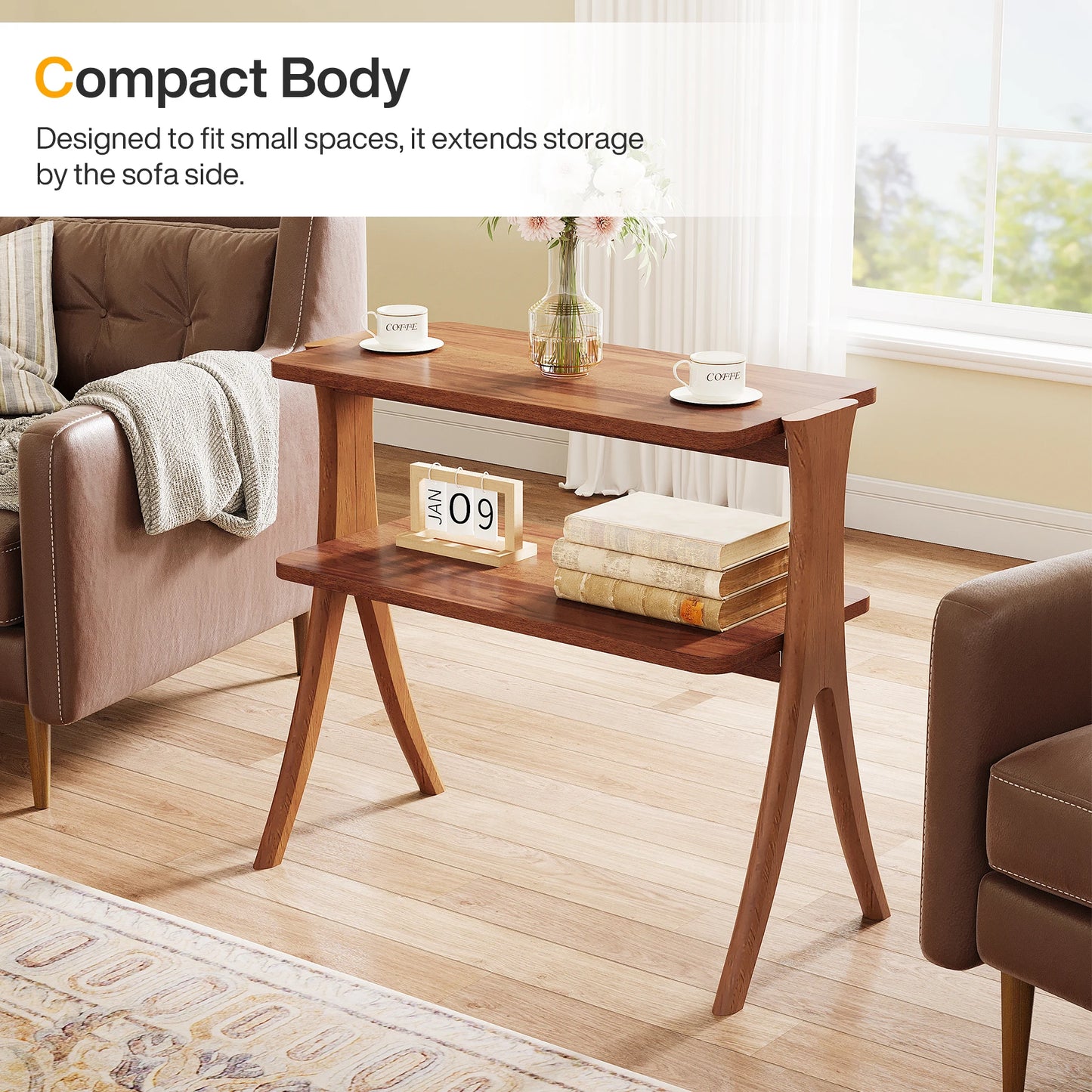 Tribesigns Walnut Side Table With 2-Tier Storage Shelf