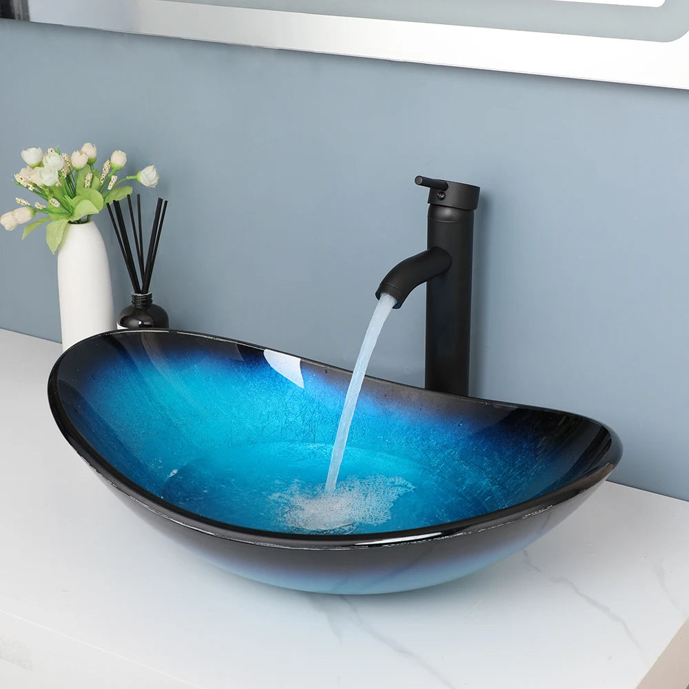 JIENI Tempered Glass Waterfall Basin and Brass Faucet Set