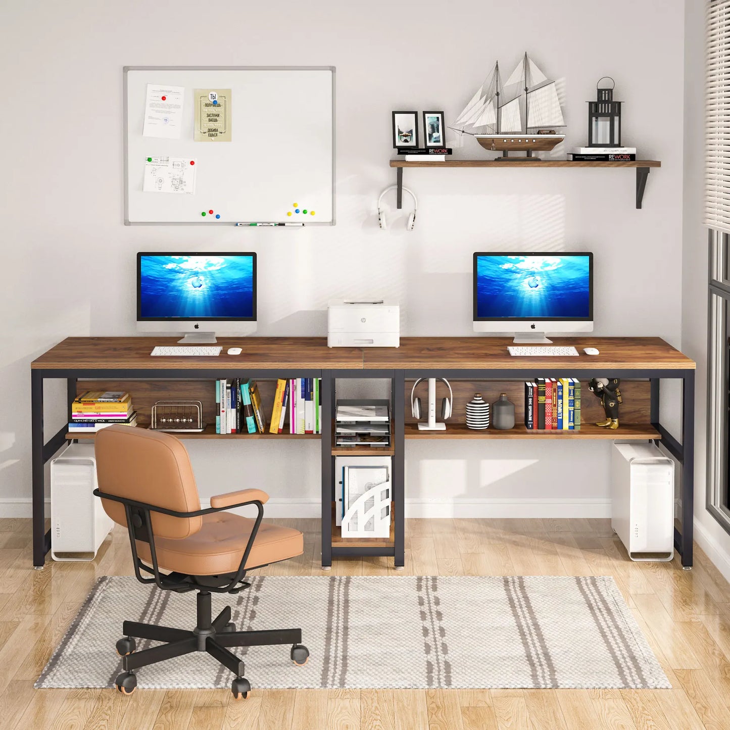 Tribesigns Two Person Desk With Bookshelf Rustic Office Computer Desk