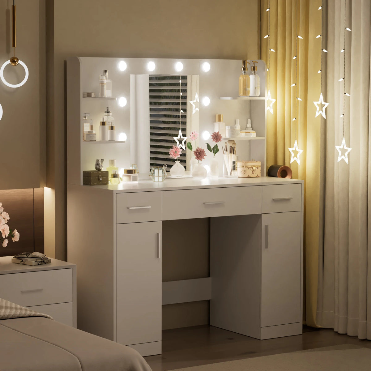 JHK Modern Vanity Desk With Led Light Mirror And Drawers