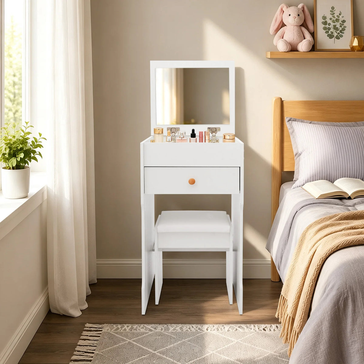 Bymaocar Compact Vanity Dressing Table With Mirror And Stool