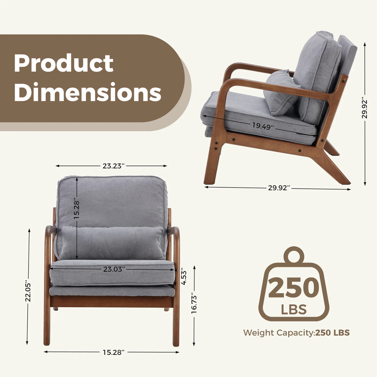 JHK Mid Century Modern Solid Wood Accent Chair With Cushion