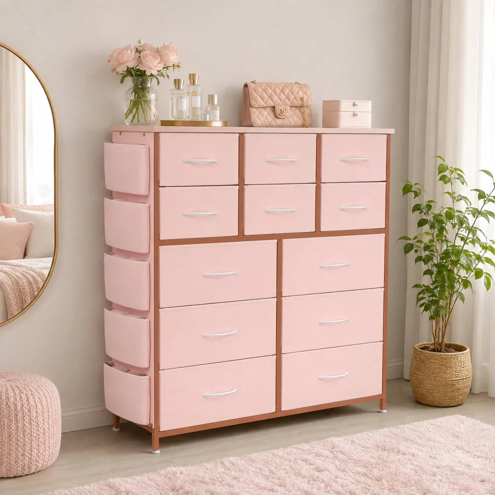 12 Drawer Fabric Dresser Wooden Top Steel Frame Storage Organizer