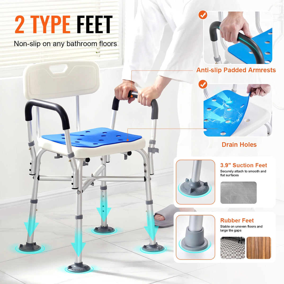 Adjustable Height Shower Chair Bench Seat Bathtub Support 400 Lbs