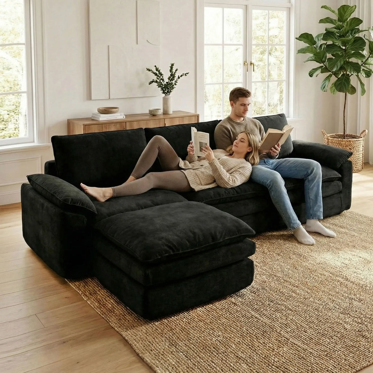 Modern L Shaped Chenille Sectional Couch With Chaise Lounge