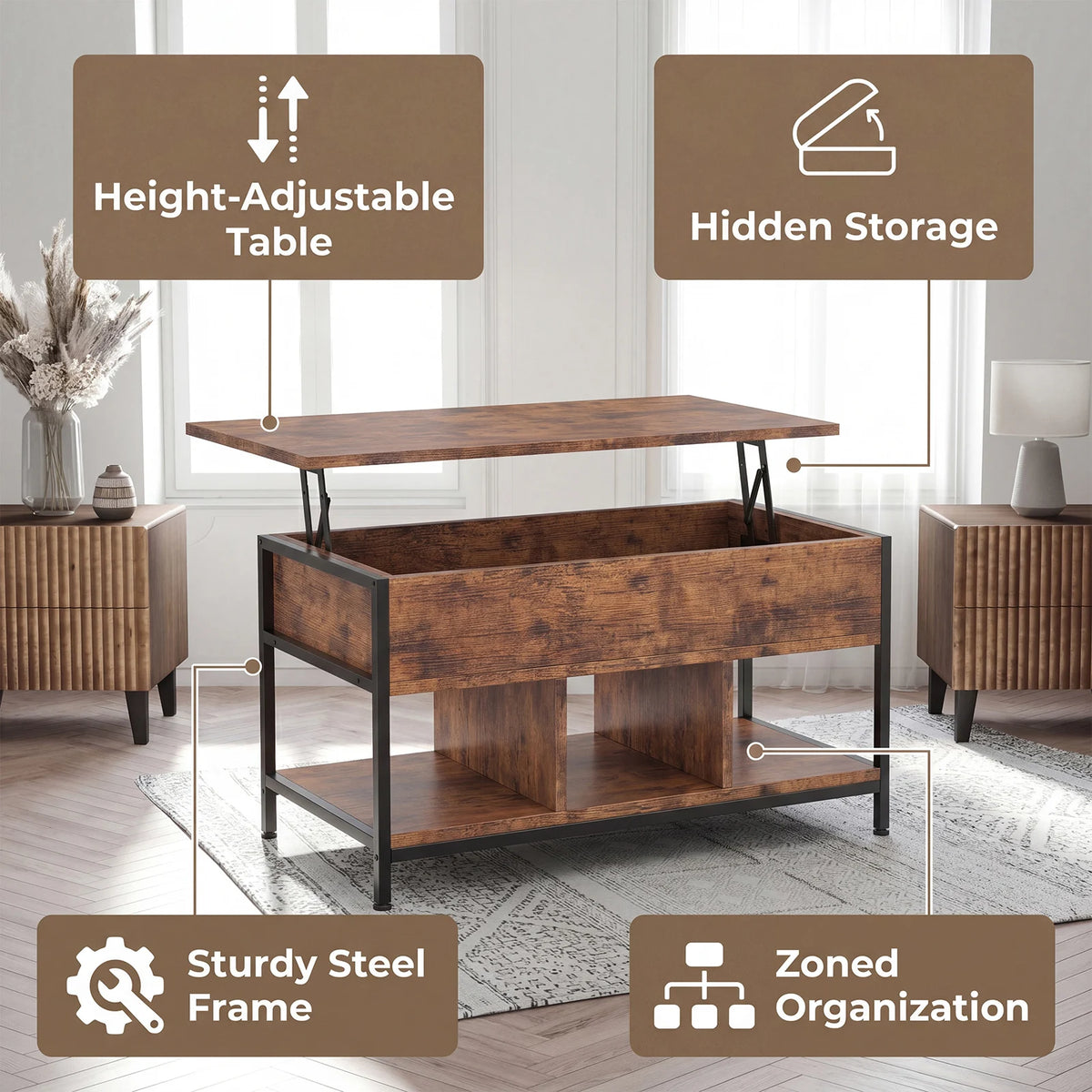 Antique Wood Lift Top Coffee Table Featuring Hidden Storage Shelf