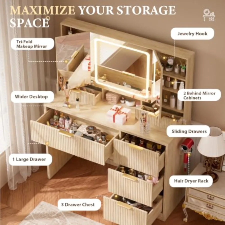 Vanity Desk With 3-Way Mirror And Lights 6 Drawers