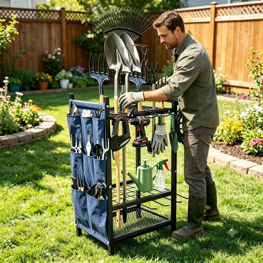 Freestanding Heavy Duty Metal Garden Garage Tool Storage Rack