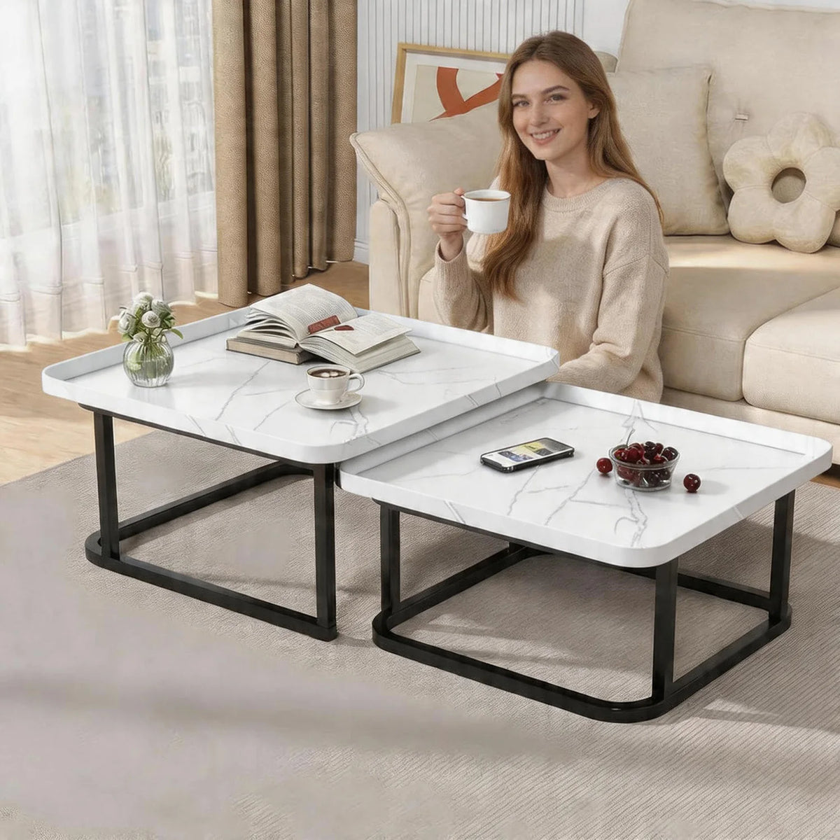 Himiss Fluted Square Nesting Coffee Side Table Set Of Two