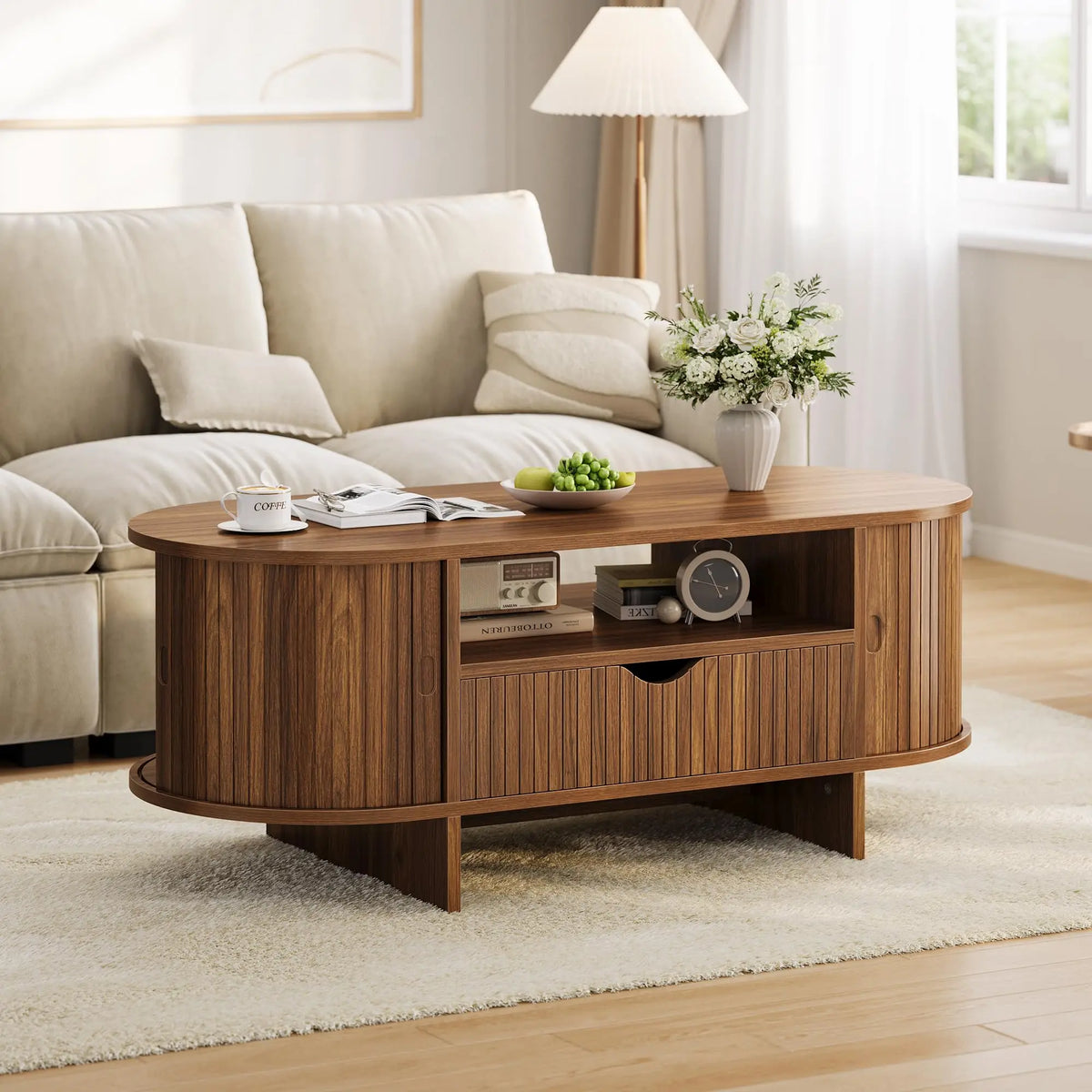 HiMISS Modern Fluted Oval Coffee Table With Storage Drawer And Cabinet