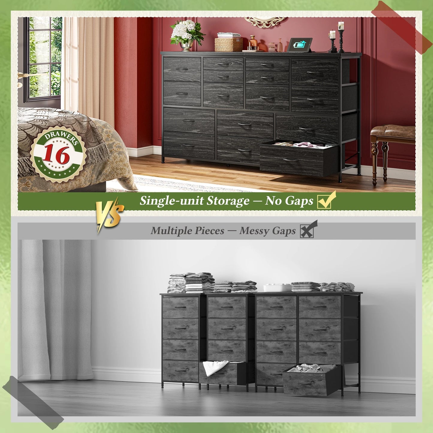16-Drawer Fabric Dresser With Charging Station And TV Stand