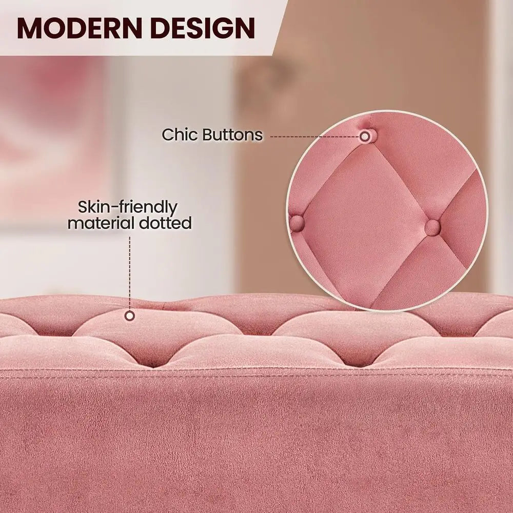 Velvet Upholstered Ottoman Bench With Tapered Gold Metal Legs