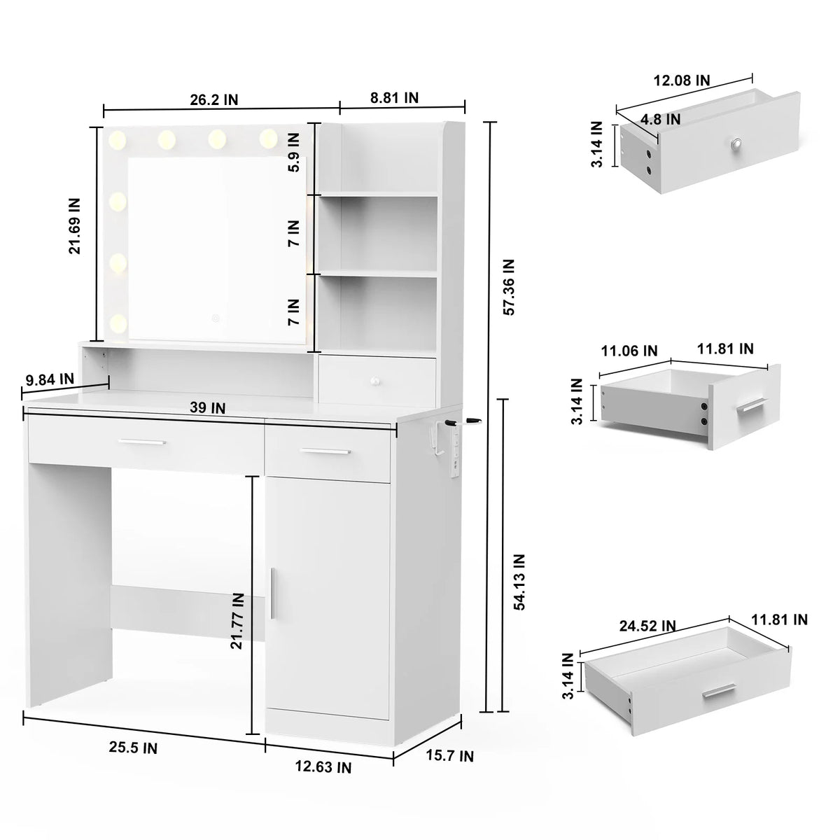 JHK Modern Vanity Desk With Led Light Mirror And Drawers