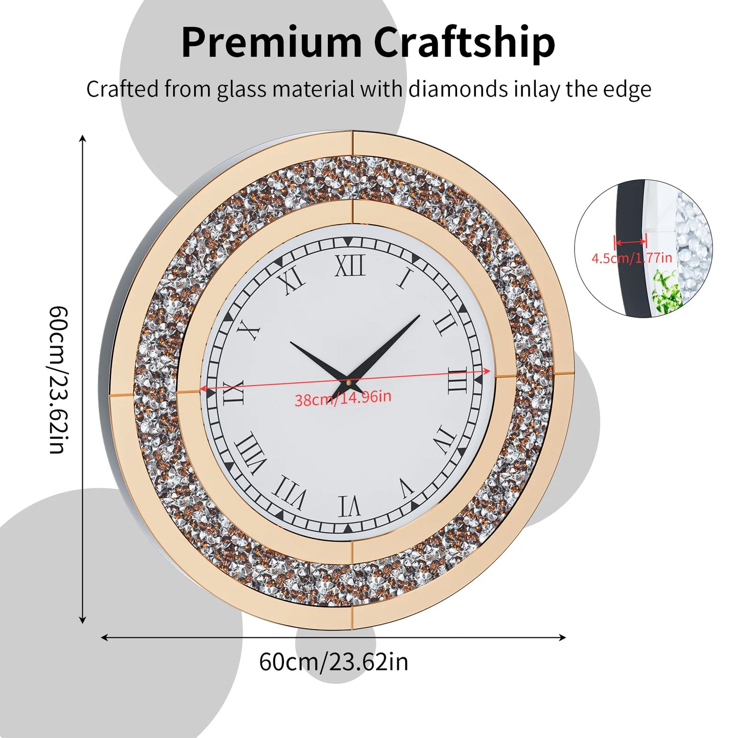 Round Mirror Clock With Crystal Sparkle Wall Decoration
