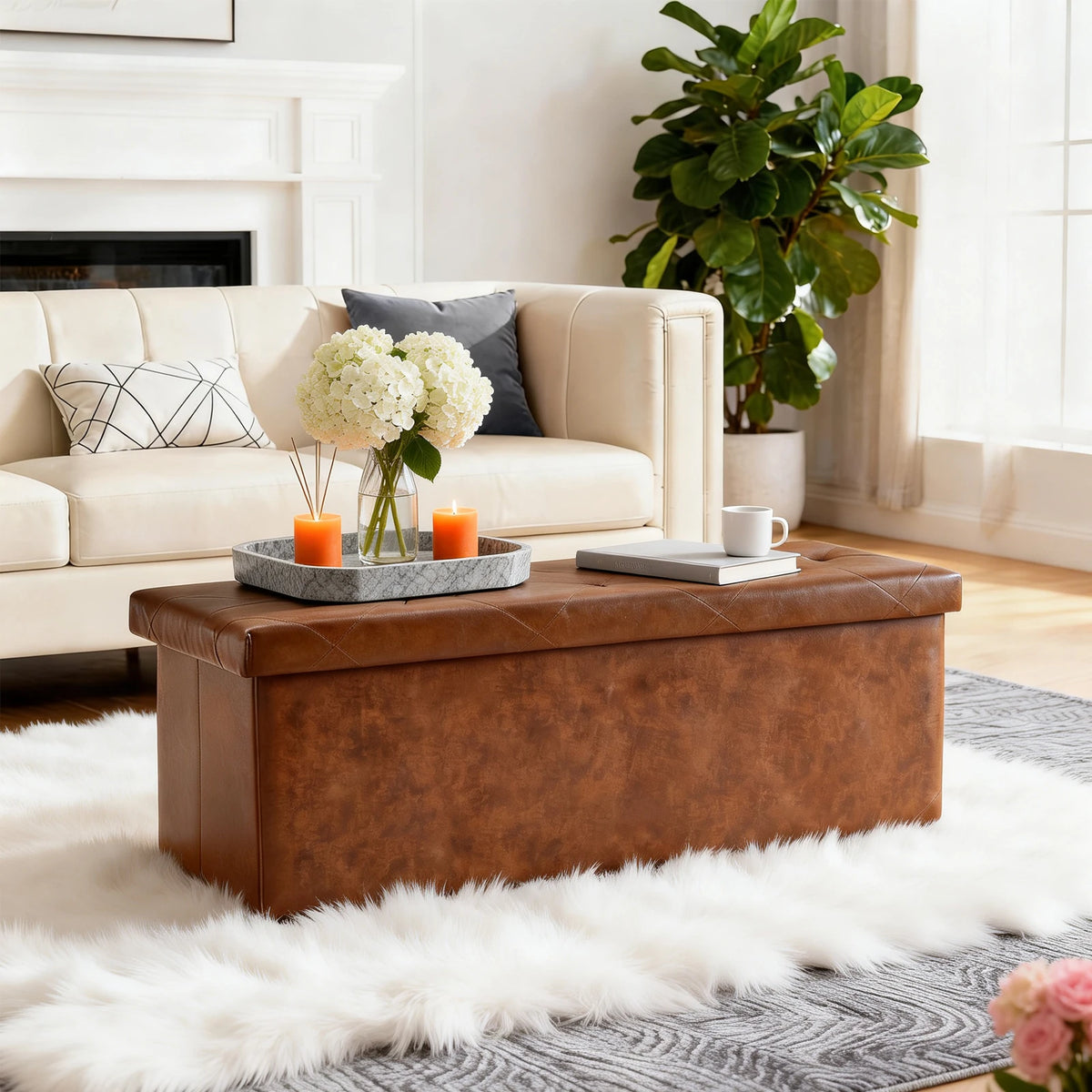 Sturdy Tufted Faux Leather Folding Storage Bench Ottoman