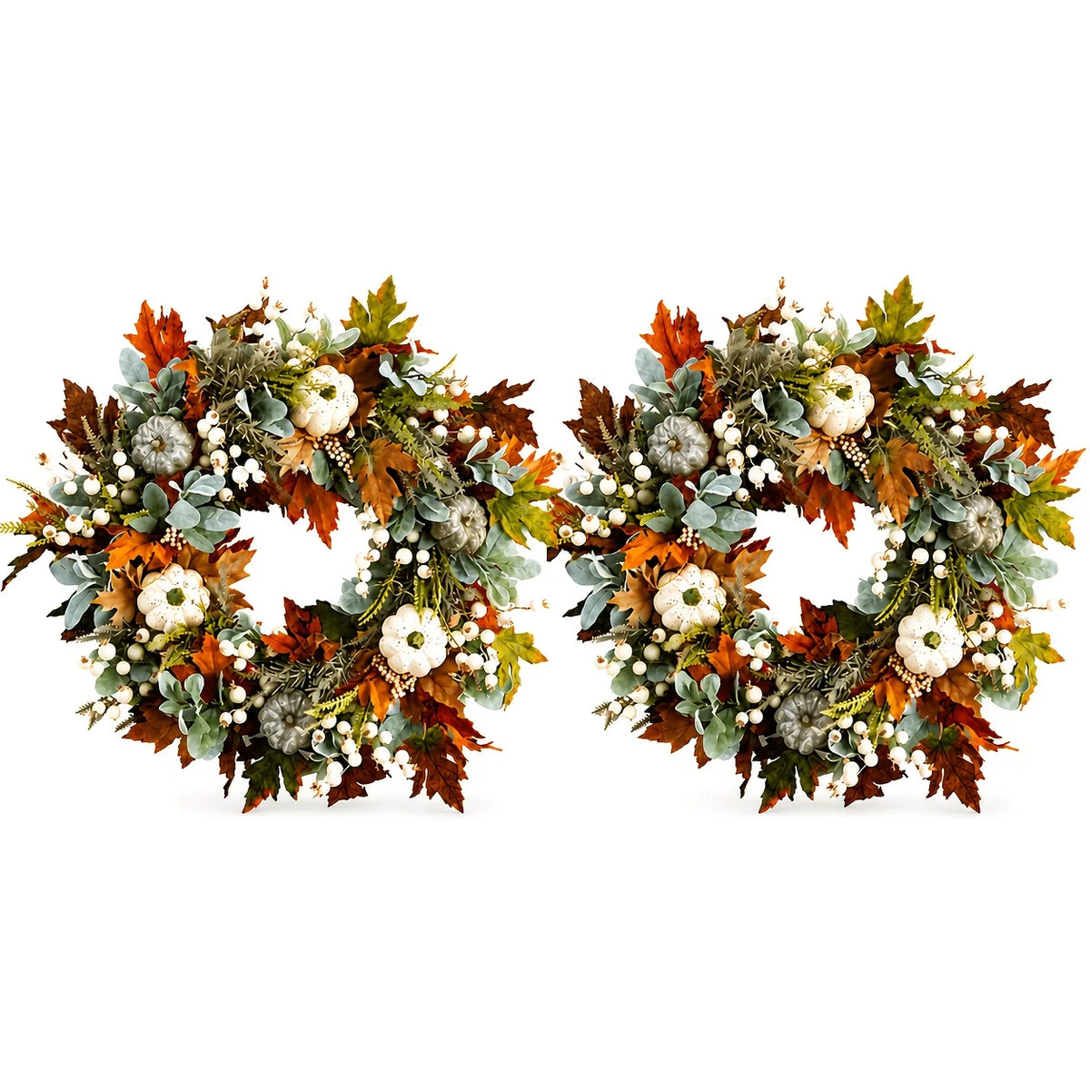 Artificial Peony And Pumpkin Wreath With Leaves And Berries
