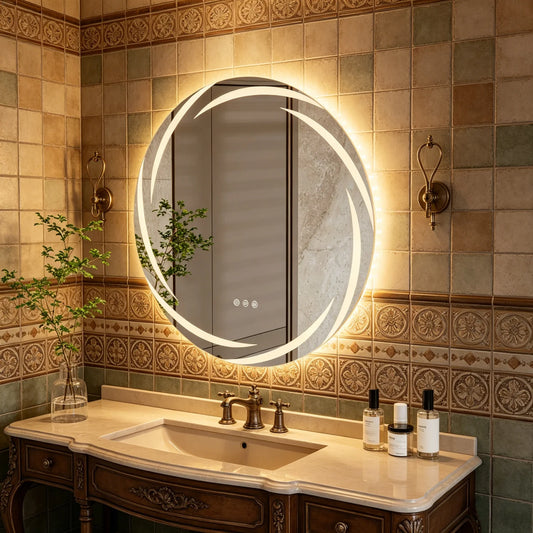LED Round Bathroom Mirror Backlit Anti-Fog Dimmable Three-Color Lights