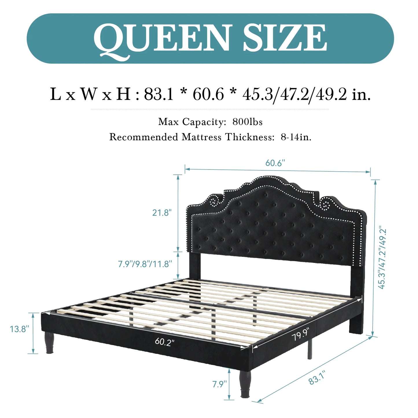 HOOMIC Velvet Bed Frame With Adjustable Tiara Headboard And Diamond Tufted