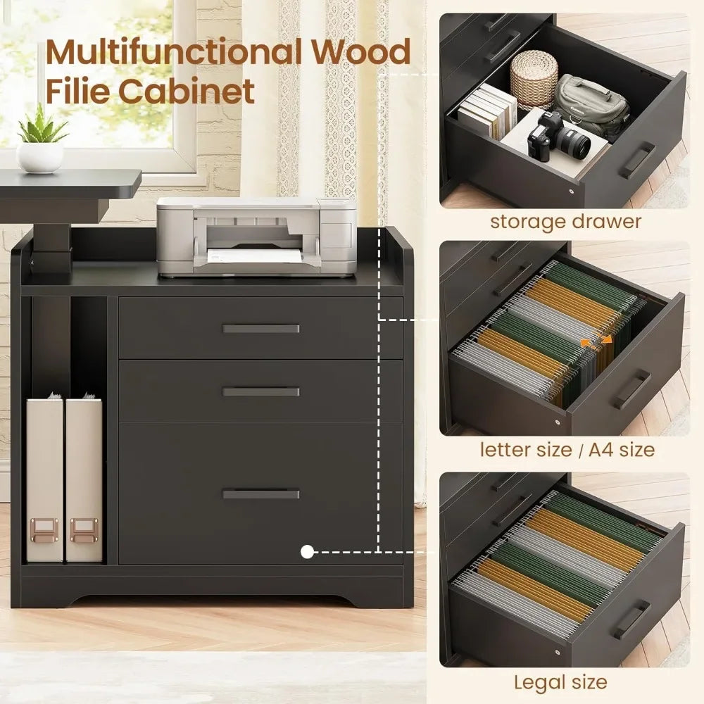 L-Shaped Electric Standing Desk With File Cabinet Adjustable Height