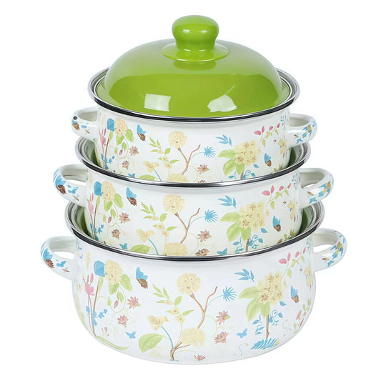 3-Piece Vintage Enamel Stock Pot Set With Lids For Induction And Gas Stoves