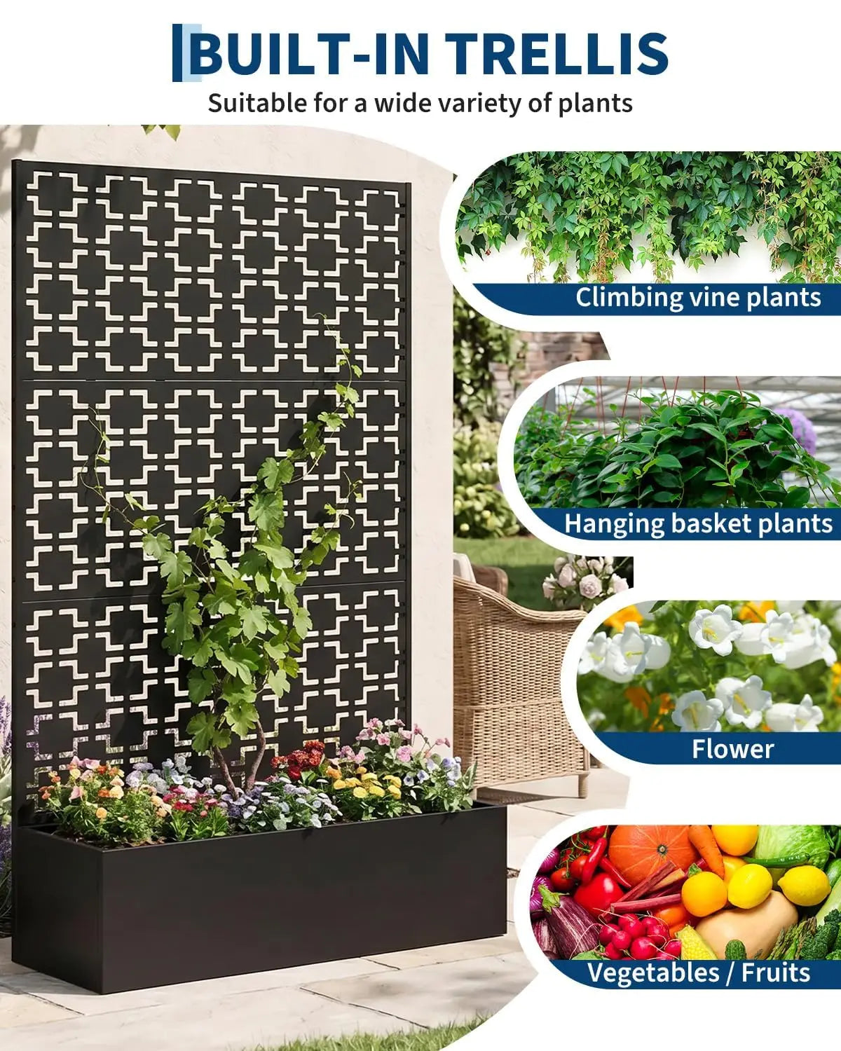 HiMISS Metal Raised Planter Box With Trellis And Privacy Screen